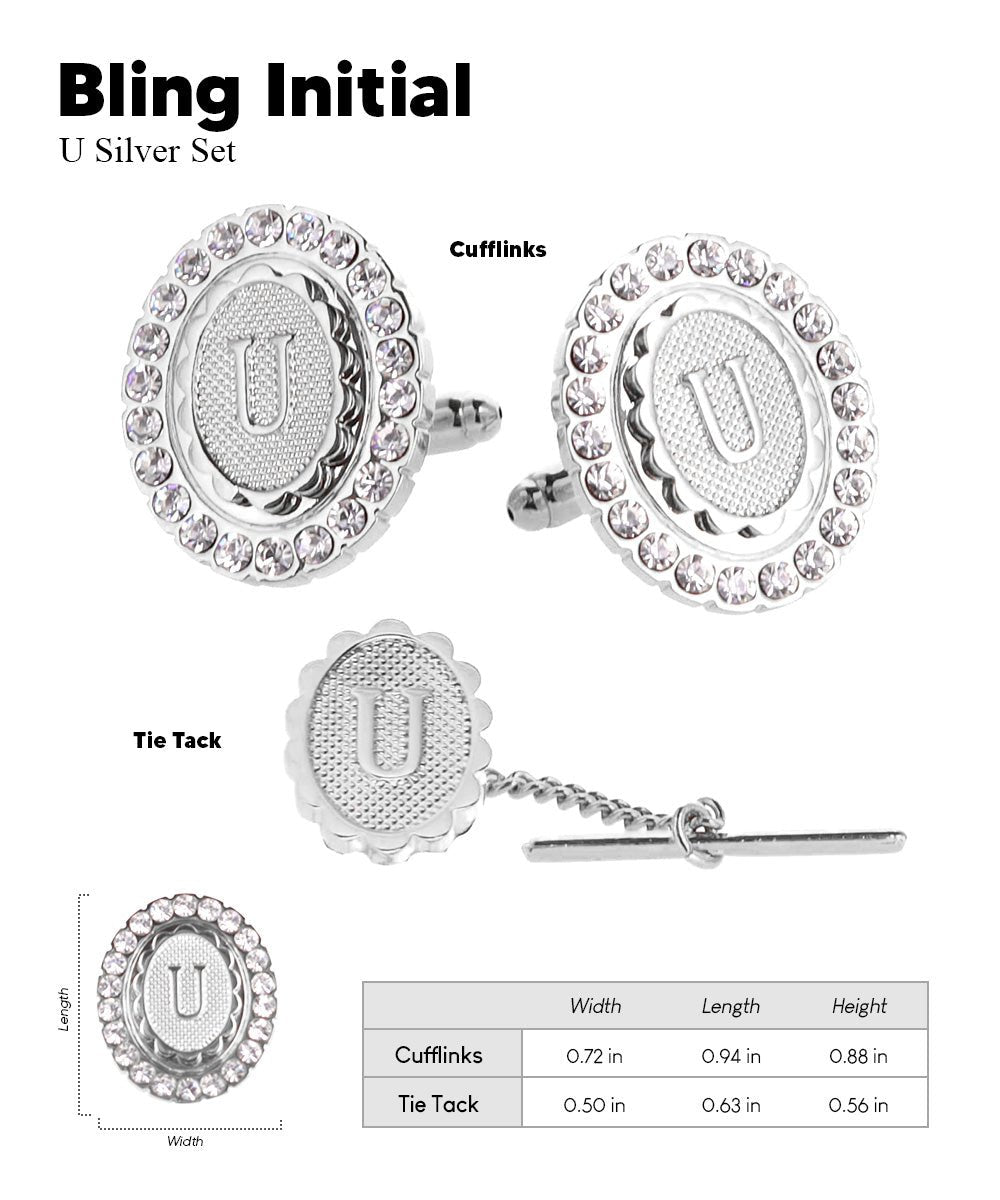 Vittorio Vico Bling Initial Cufflinks & Tie Tack Set in Gift Box - Suits You Sir - Silver - U
