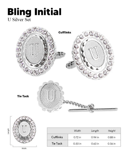 Vittorio Vico Bling Initial Cufflinks & Tie Tack Set in Gift Box - Suits You Sir - Silver - U