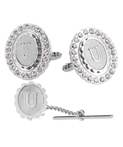 Vittorio Vico Bling Initial Cufflinks & Tie Tack Set in Gift Box - Suits You Sir - Silver - U