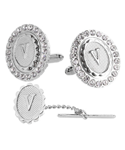 Vittorio Vico Bling Initial Cufflinks & Tie Tack Set in Gift Box - Suits You Sir - Silver - V