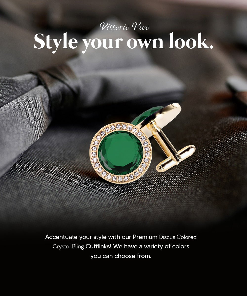 Vittorio Vico Discus Crystal Colorstone Bling Cufflinks: CL11XX Series - Suits You Sir - Emerald Green and Gold - 