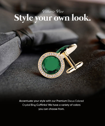 Vittorio Vico Discus Crystal Colorstone Bling Cufflinks: CL11XX Series - Suits You Sir - Emerald Green and Gold - 