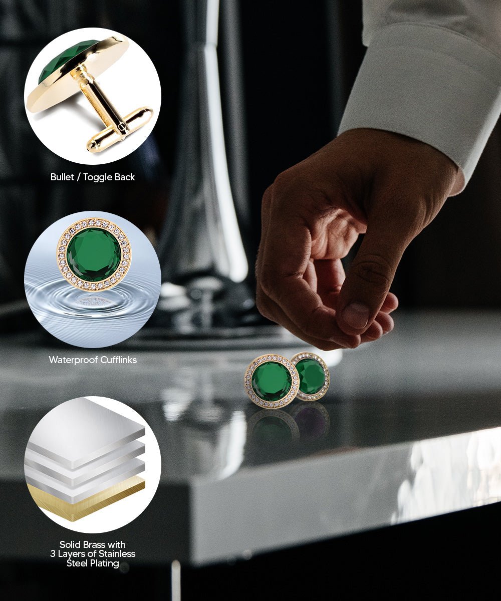 Vittorio Vico Discus Crystal Colorstone Bling Cufflinks: CL11XX Series - Suits You Sir - Emerald Green and Gold - 