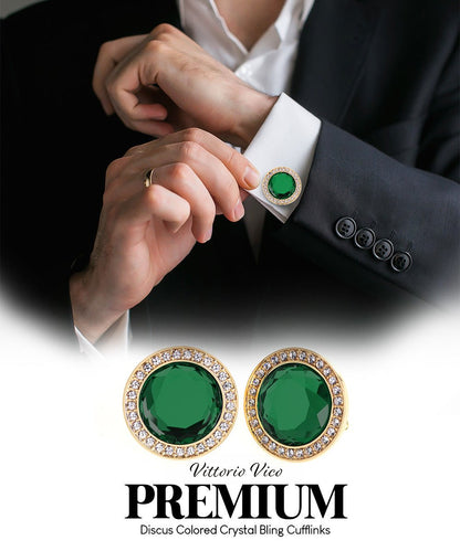 Vittorio Vico Discus Crystal Colorstone Bling Cufflinks: CL11XX Series - Suits You Sir - Emerald Green and Gold - 