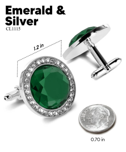 Vittorio Vico Discus Crystal Colorstone Bling Cufflinks: CL11XX Series - Suits You Sir - Emerald Green and Silver - 