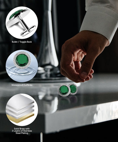 Vittorio Vico Discus Crystal Colorstone Bling Cufflinks: CL11XX Series - Suits You Sir - Emerald Green and Silver - 