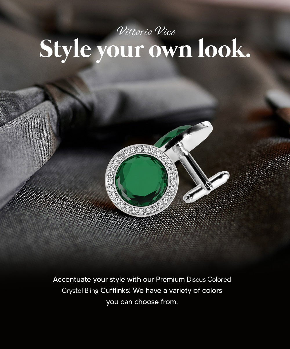 Vittorio Vico Discus Crystal Colorstone Bling Cufflinks: CL11XX Series - Suits You Sir - Emerald Green and Silver - 