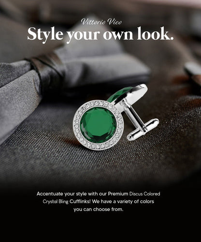 Vittorio Vico Discus Crystal Colorstone Bling Cufflinks: CL11XX Series - Suits You Sir - Emerald Green and Silver - 