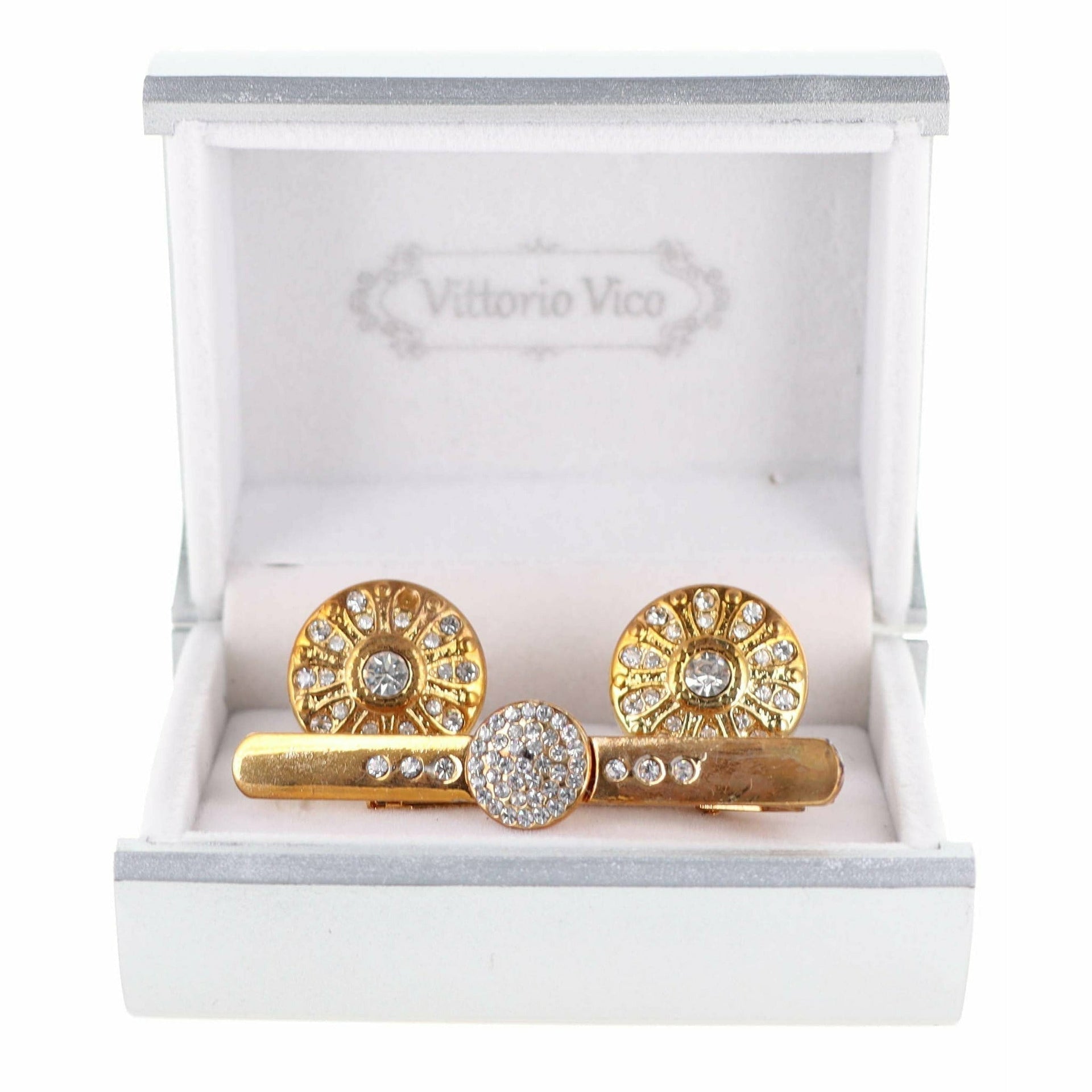 Vittorio Vico Gold Rhinestone Cufflinks & Tie Bar Set in Gift Box - Suits You Sir - CR - 079 - 