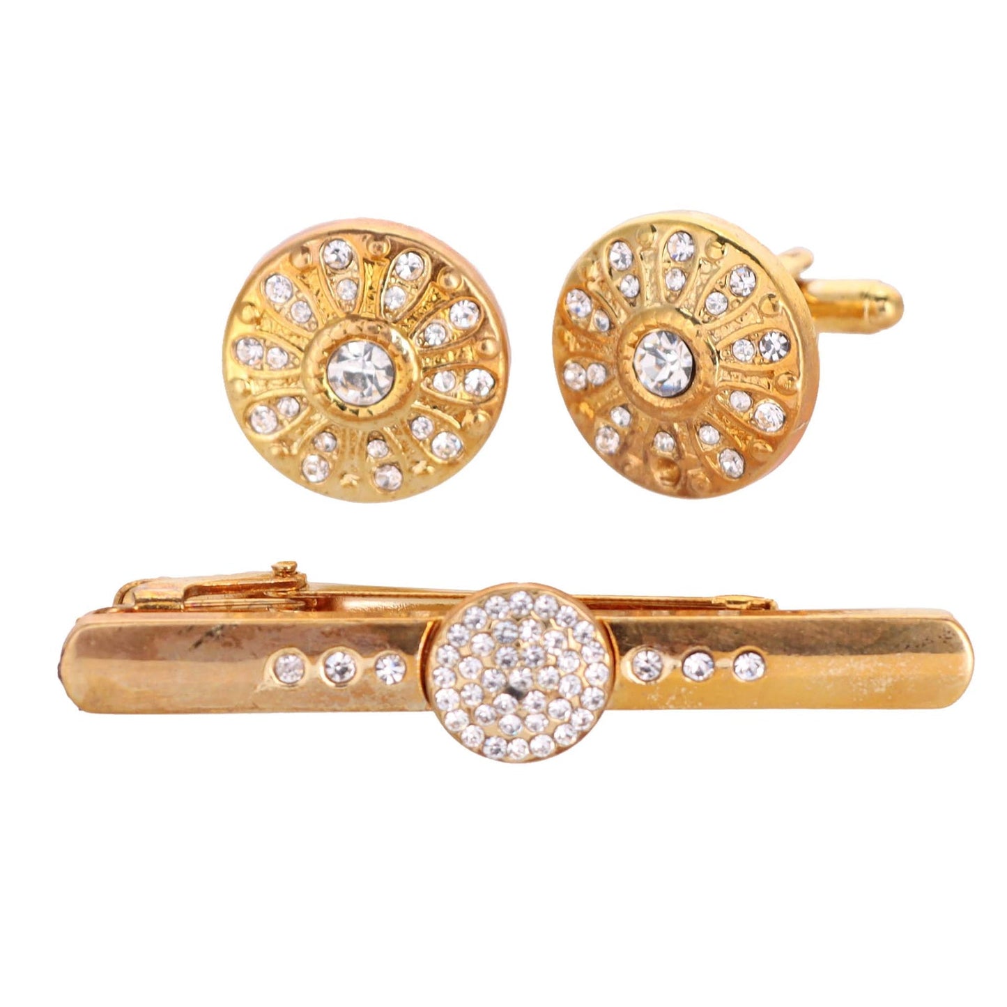 Vittorio Vico Gold Rhinestone Cufflinks & Tie Bar Set in Gift Box - Suits You Sir - Gold - 