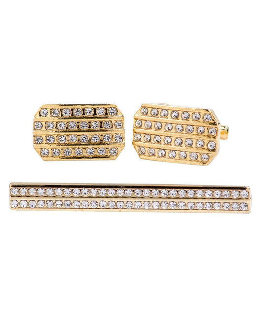Vittorio Vico Gold Rhinestone Cufflinks & Tie Bar Set in Gift Box - Suits You Sir - Gold - 
