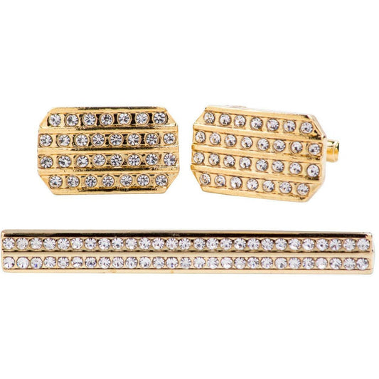 Vittorio Vico Gold Rhinestone Cufflinks & Tie Bar Set in Gift Box - Suits You Sir - Gold - 