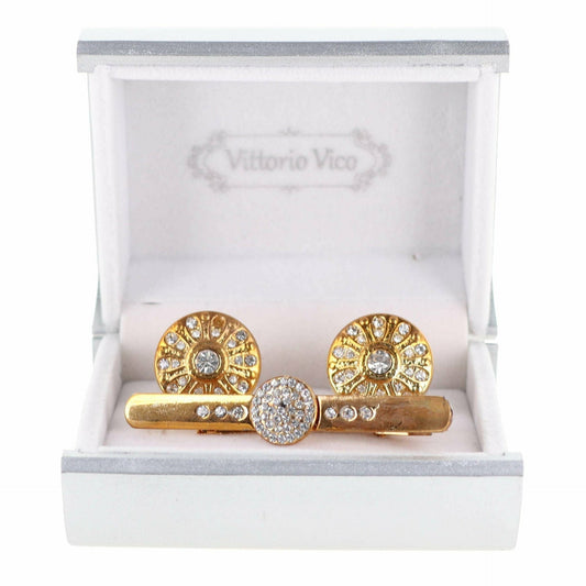 Vittorio Vico Gold Rhinestone Cufflinks & Tie Bar Set in Gift Box - Suits You Sir - Gold - 