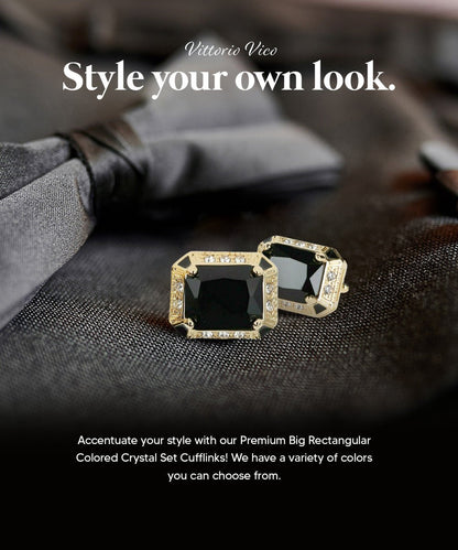 Vittorio Vico Large Big Rectangular Crystal Colorstone Cufflinks: CL73XX Series - Suits You Sir - Black and Gold - 
