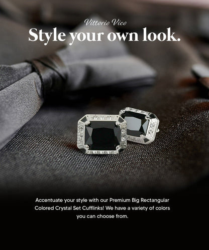 Vittorio Vico Large Big Rectangular Crystal Colorstone Cufflinks: CL73XX Series - Suits You Sir - Black and Silver - 