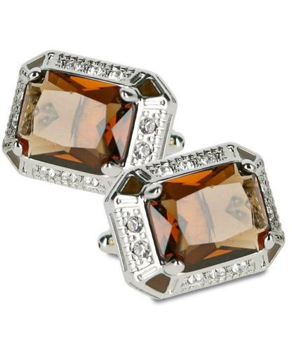 Vittorio Vico Large Big Rectangular Crystal Colorstone Cufflinks: CL73XX Series - Suits You Sir - Brown and Silver - 