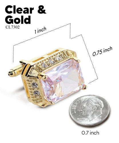 Vittorio Vico Large Big Rectangular Crystal Colorstone Cufflinks: CL73XX Series - Suits You Sir - Clear and Gold - 