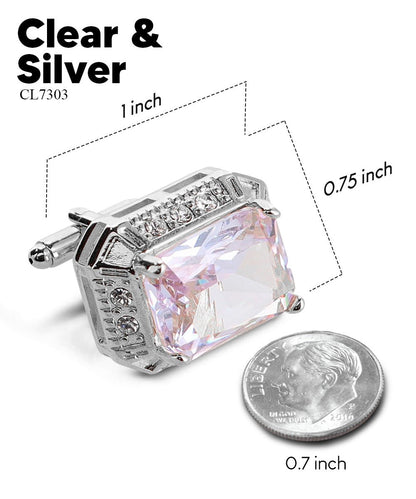 Vittorio Vico Large Big Rectangular Crystal Colorstone Cufflinks: CL73XX Series - Suits You Sir - Clear and Silver - 