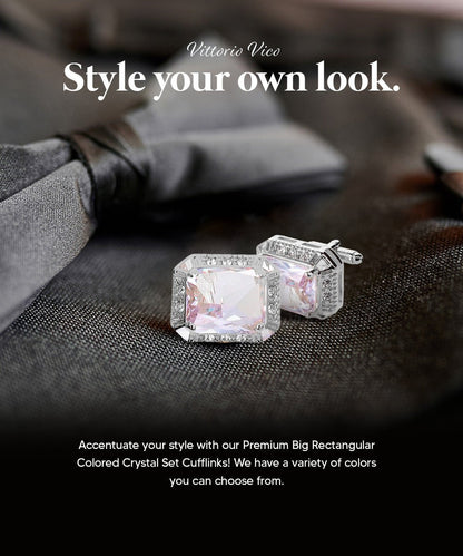 Vittorio Vico Large Big Rectangular Crystal Colorstone Cufflinks: CL73XX Series - Suits You Sir - Clear and Silver - 