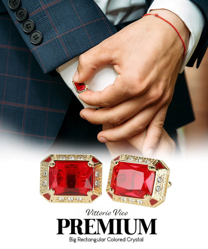 Vittorio Vico Large Big Rectangular Crystal Colorstone Cufflinks: CL73XX Series - Suits You Sir - Deep Red and Gold - 