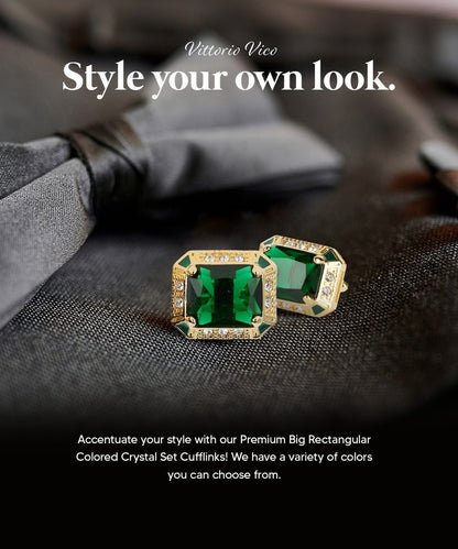 Vittorio Vico Large Big Rectangular Crystal Colorstone Cufflinks: CL73XX Series - Suits You Sir - Emerald Green and Gold - 