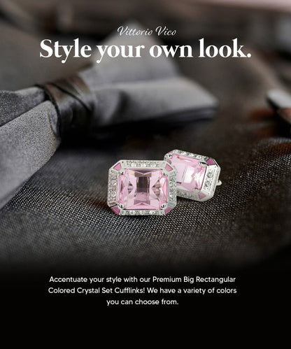 Vittorio Vico Large Big Rectangular Crystal Colorstone Cufflinks: CL73XX Series - Suits You Sir - Pink and Silver - 
