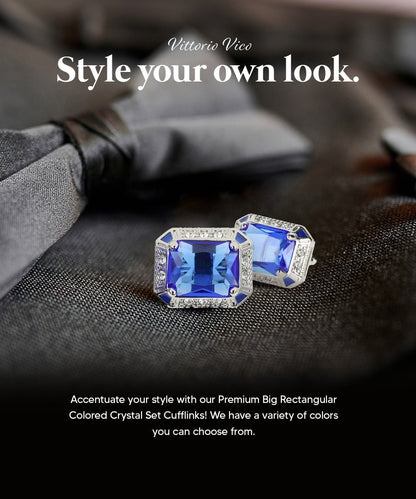 Vittorio Vico Large Big Rectangular Crystal Colorstone Cufflinks: CL73XX Series - Suits You Sir - Royal Blue and Silver - 