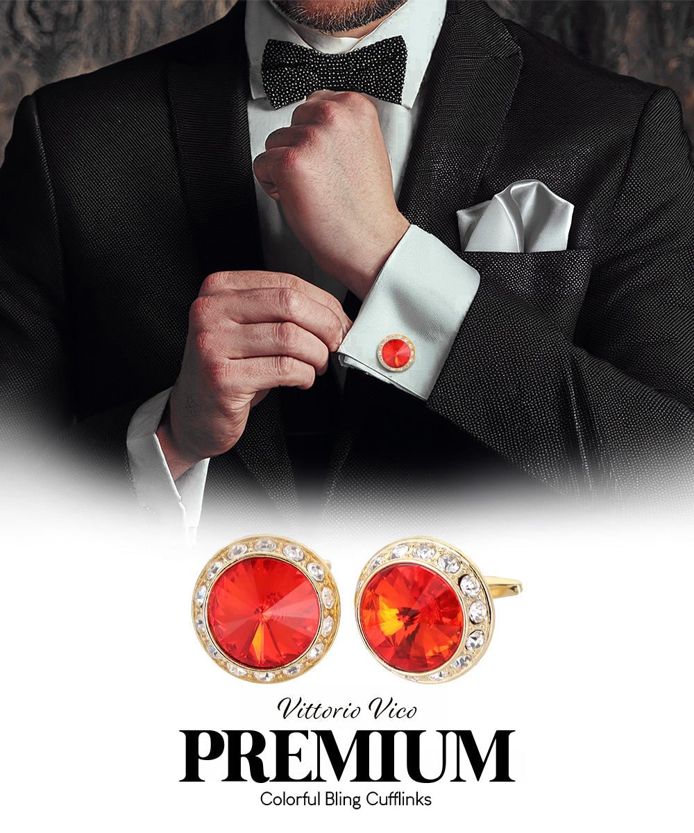 Vittorio Vico Large Bling Colorstone Cufflinks: CL15XX Series - Suits You Sir - Orange and Gold - 