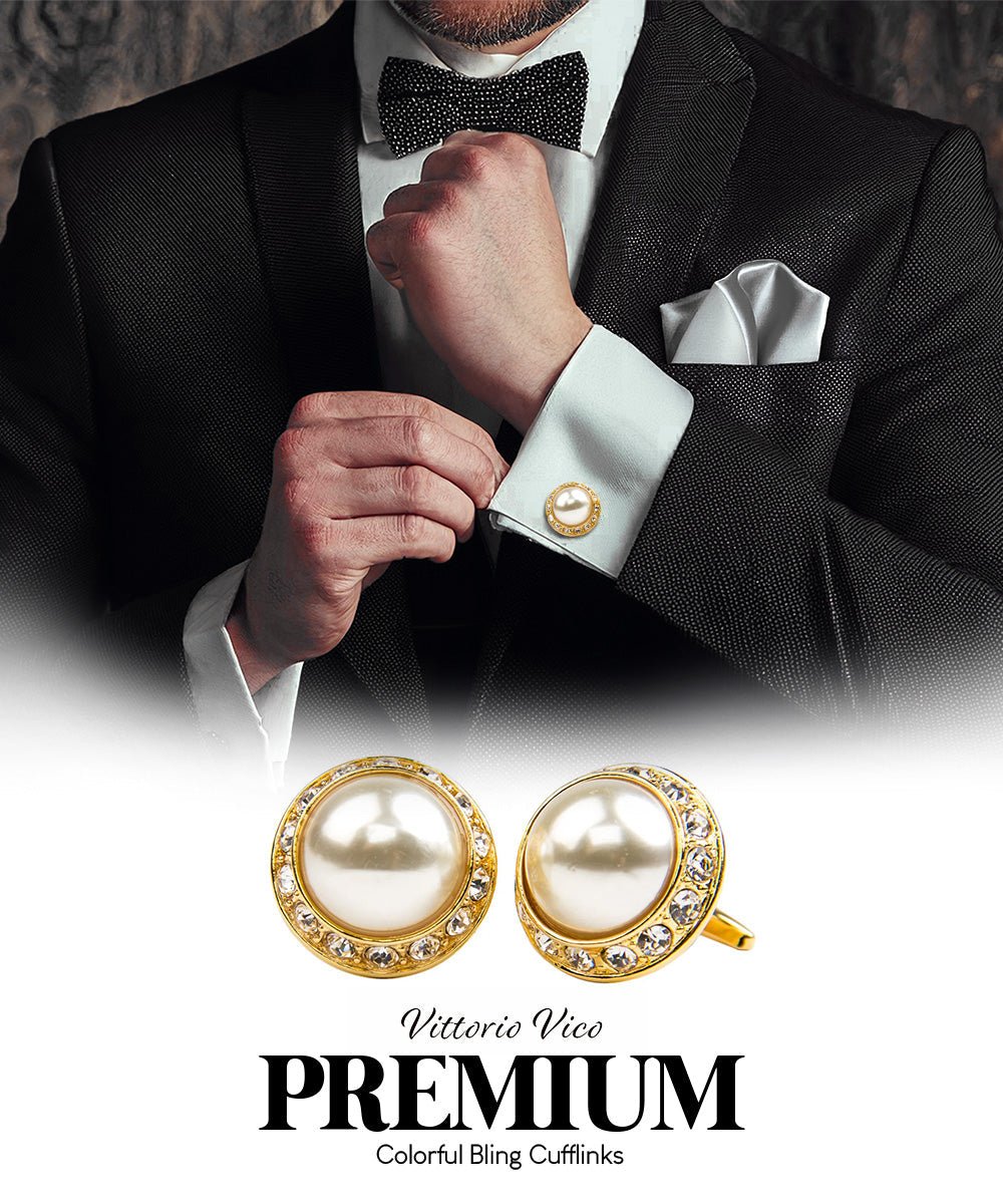 Vittorio Vico Large Bling Colorstone Cufflinks: CL15XX Series - Suits You Sir - Pearl and Gold - 