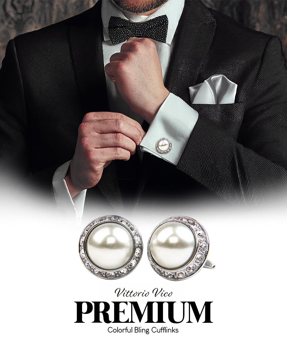 Vittorio Vico Large Bling Colorstone Cufflinks: CL15XX Series - Suits You Sir - Pearl and Silver - 