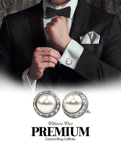 Vittorio Vico Large Bling Colorstone Cufflinks: CL15XX Series - Suits You Sir - Pearl and Silver - 