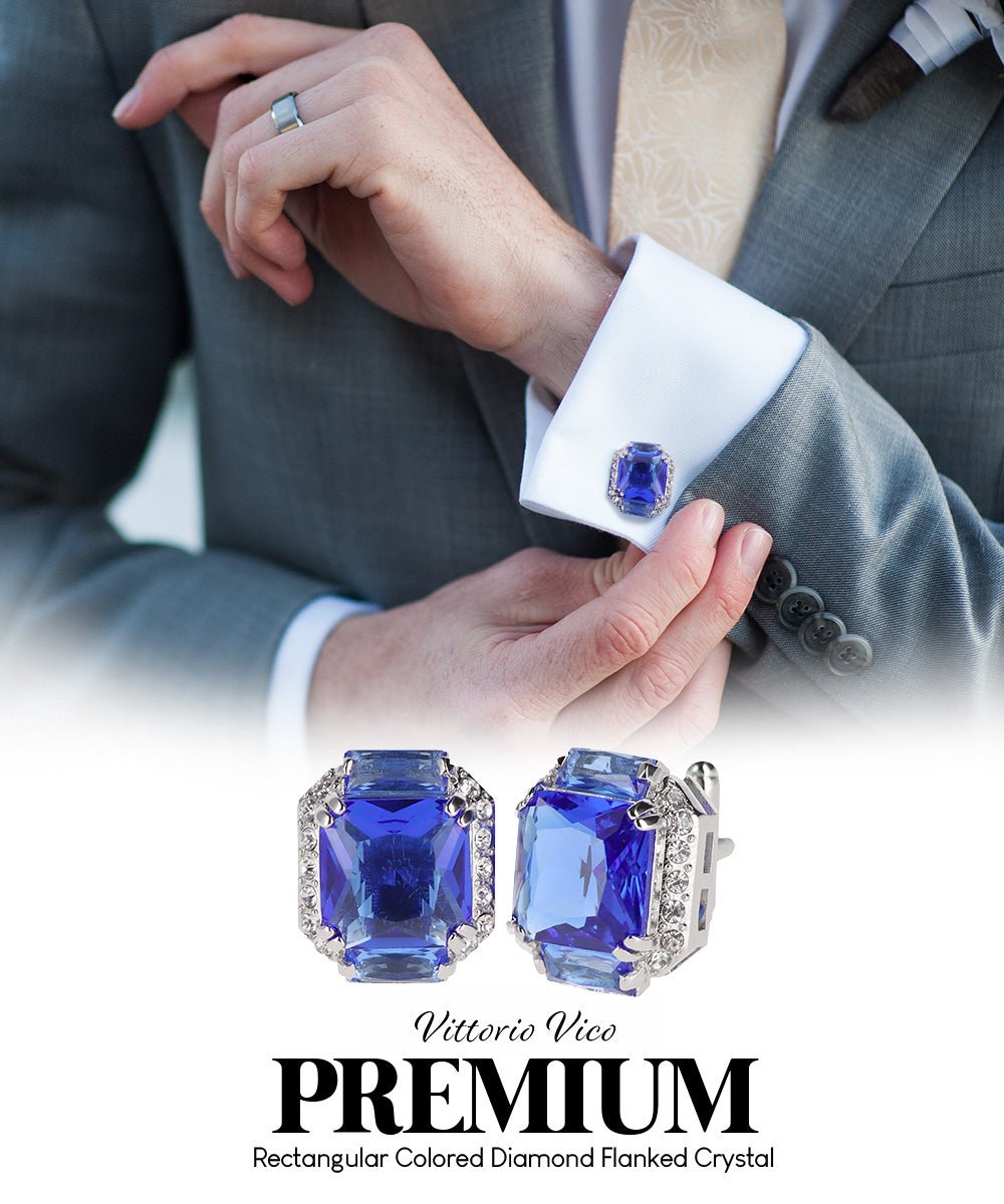 Vittorio Vico Large Rectangular Diamond Flanked Colorstone Crystal Cufflinks: CL 74XX Series - Suits You Sir - Blue and Silver - 