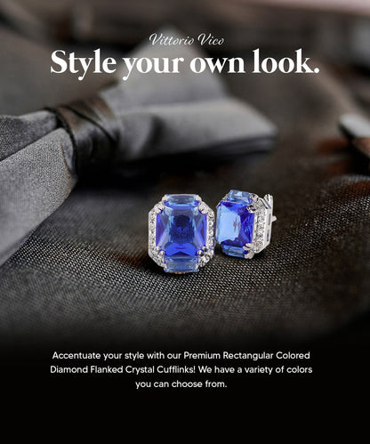 Vittorio Vico Large Rectangular Diamond Flanked Colorstone Crystal Cufflinks: CL 74XX Series - Suits You Sir - Blue and Silver - 