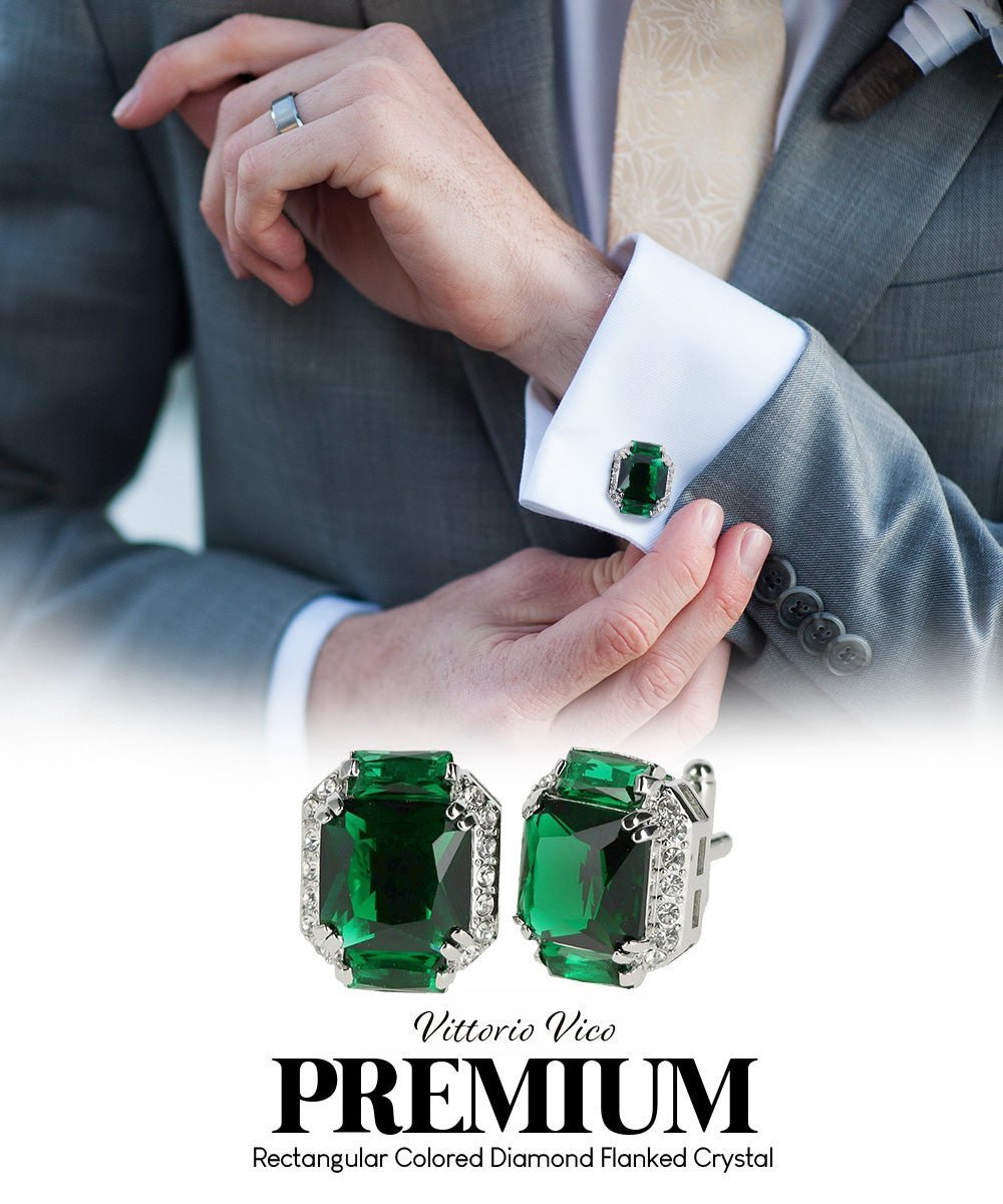 Vittorio Vico Large Rectangular Diamond Flanked Colorstone Crystal Cufflinks: CL 74XX Series - Suits You Sir - Emerald Green and Silver - 