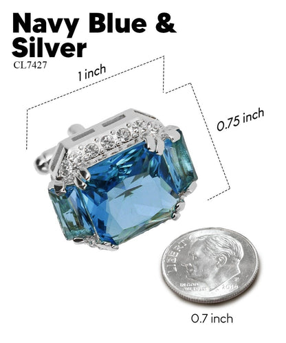 Vittorio Vico Large Rectangular Diamond Flanked Colorstone Crystal Cufflinks: CL 74XX Series - Suits You Sir - Navy Blue and Silver - 