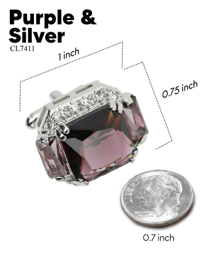 Vittorio Vico Large Rectangular Diamond Flanked Colorstone Crystal Cufflinks: CL 74XX Series - Suits You Sir - Purple and Silver - 
