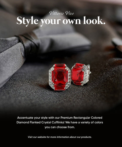 Vittorio Vico Large Rectangular Diamond Flanked Colorstone Crystal Cufflinks: CL 74XX Series - Suits You Sir - Red and Silver - 
