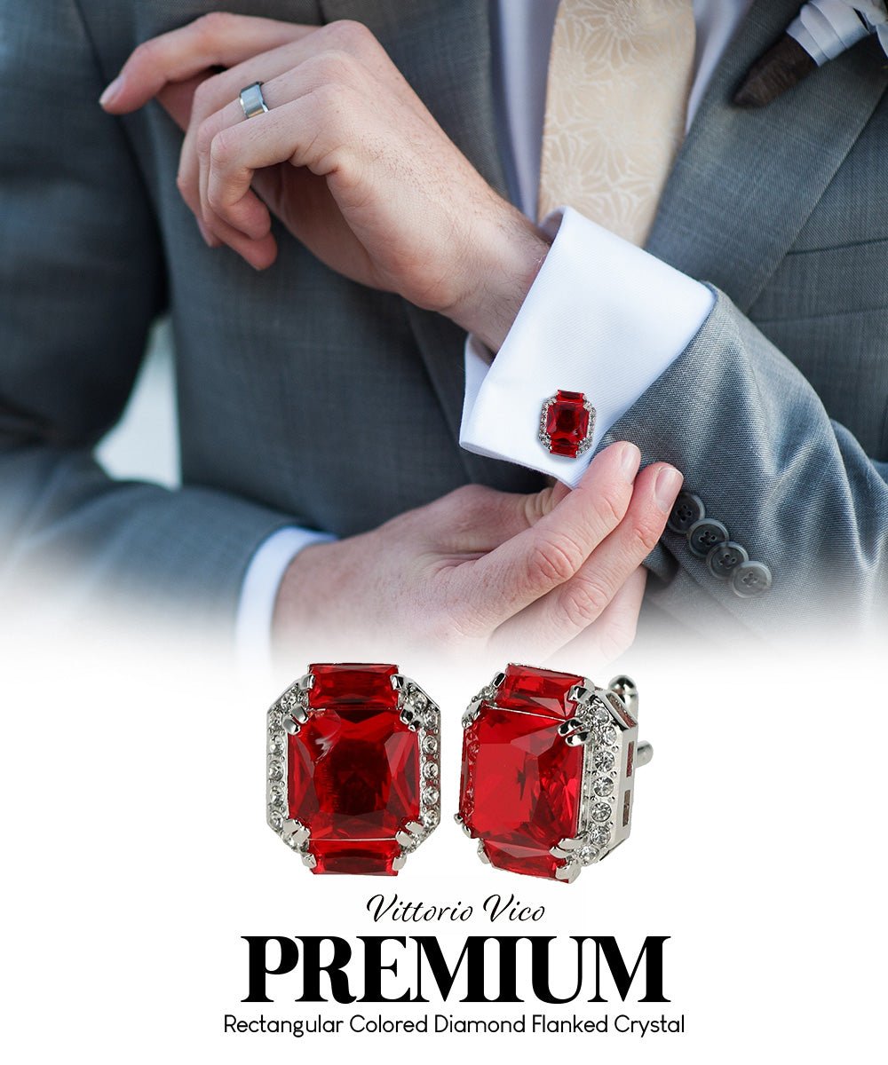 Vittorio Vico Large Rectangular Diamond Flanked Colorstone Crystal Cufflinks: CL 74XX Series - Suits You Sir - Red and Silver - 