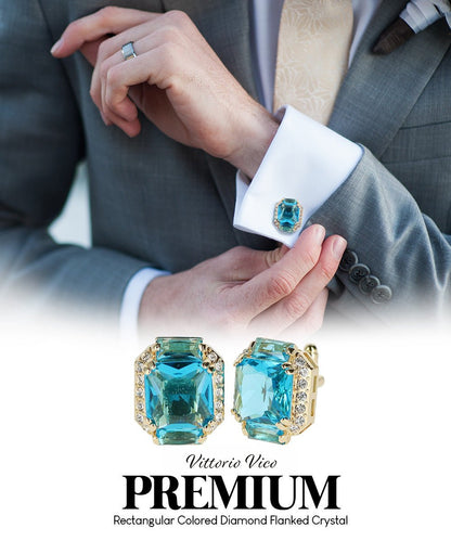 Vittorio Vico Large Rectangular Diamond Flanked Colorstone Crystal Cufflinks: CL 74XX Series - Suits You Sir - Turquoise and Gold - 