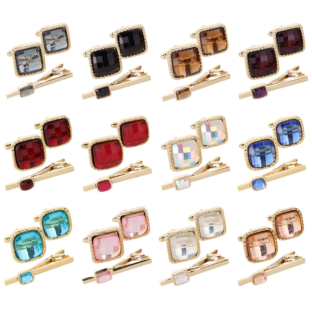Vittorio Vico Men's Colored Crystal Cufflink & Tie Bar Set in Gift Box - 12 Pack - Gold