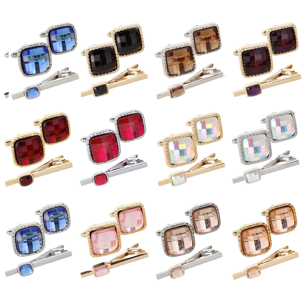Vittorio Vico Men's Colored Crystal Cufflink & Tie Bar Set in Gift Box - 12 Pack - Gold & SIlver