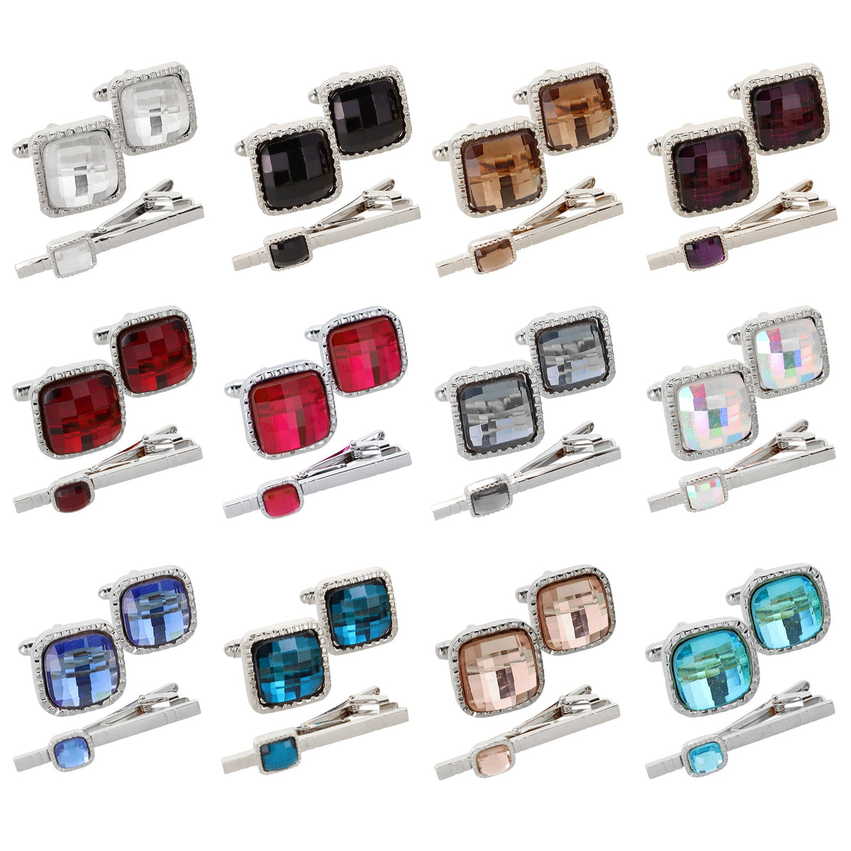 Vittorio Vico Men's Colored Crystal Cufflink & Tie Bar Set in Gift Box - 12 Pack - Silver