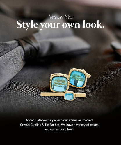 Vittorio Vico Men's Colored Crystal Cufflink & Tie Bar Set in Gift Box - Suits You Sir - Aqua and Gold - 