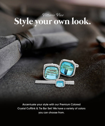 Vittorio Vico Men's Colored Crystal Cufflink & Tie Bar Set in Gift Box - Suits You Sir - Aqua and Silver - 
