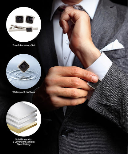 Vittorio Vico Men's Colored Crystal Cufflink & Tie Bar Set in Gift Box - Suits You Sir - Black and Gold - 