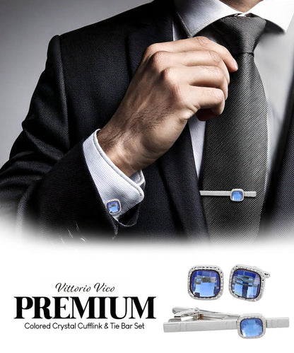 Vittorio Vico Men's Colored Crystal Cufflink & Tie Bar Set in Gift Box - Suits You Sir - Blue and Gold - 