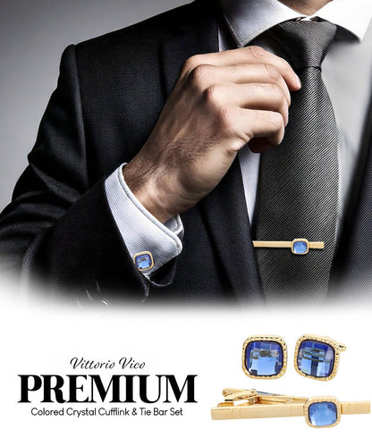 Vittorio Vico Men's Colored Crystal Cufflink & Tie Bar Set in Gift Box - Suits You Sir - Blue and Gold - 