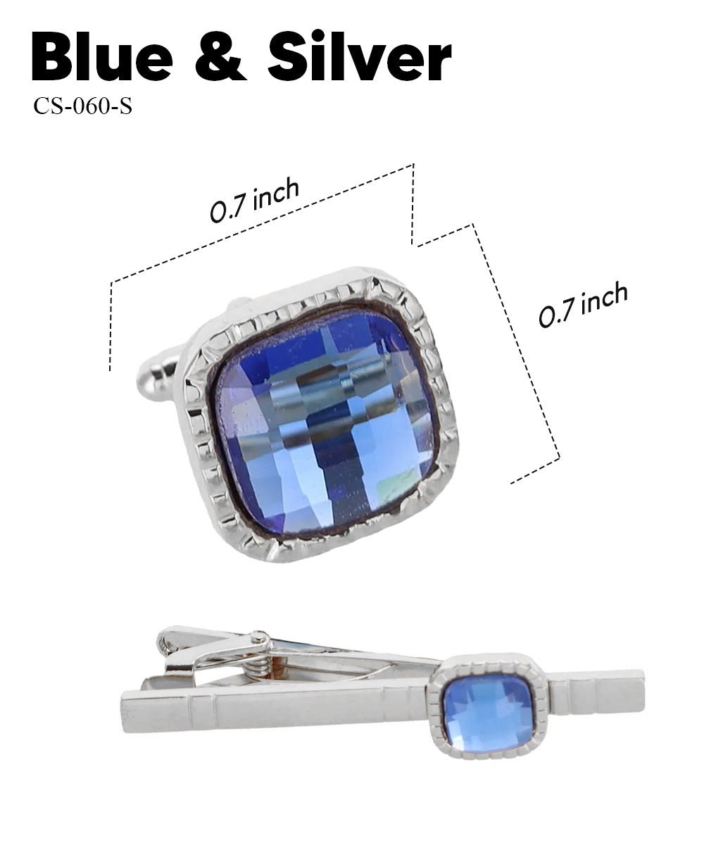 Vittorio Vico Men's Colored Crystal Cufflink & Tie Bar Set in Gift Box - Suits You Sir - Blue and Gold - 
