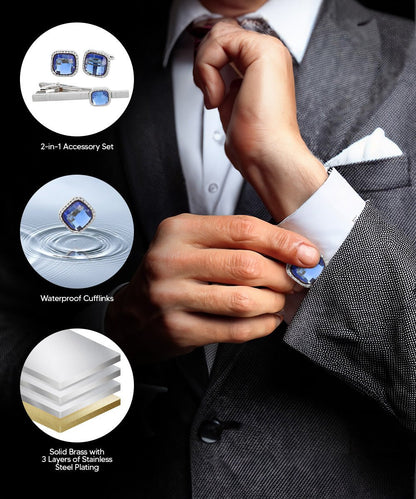 Vittorio Vico Men's Colored Crystal Cufflink & Tie Bar Set in Gift Box - Suits You Sir - Blue and Gold - 