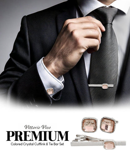 Vittorio Vico Men's Colored Crystal Cufflink & Tie Bar Set in Gift Box - Suits You Sir - Blush and Gold - 